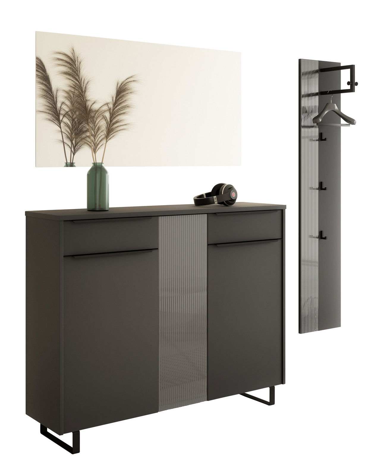 Garderoben-Set in modernem Design, bestehend aus einem Spiegel, einem Schrank mit zwei Schubladen und einer Garderobenleiste mit Haken, seitliche Perspektive.