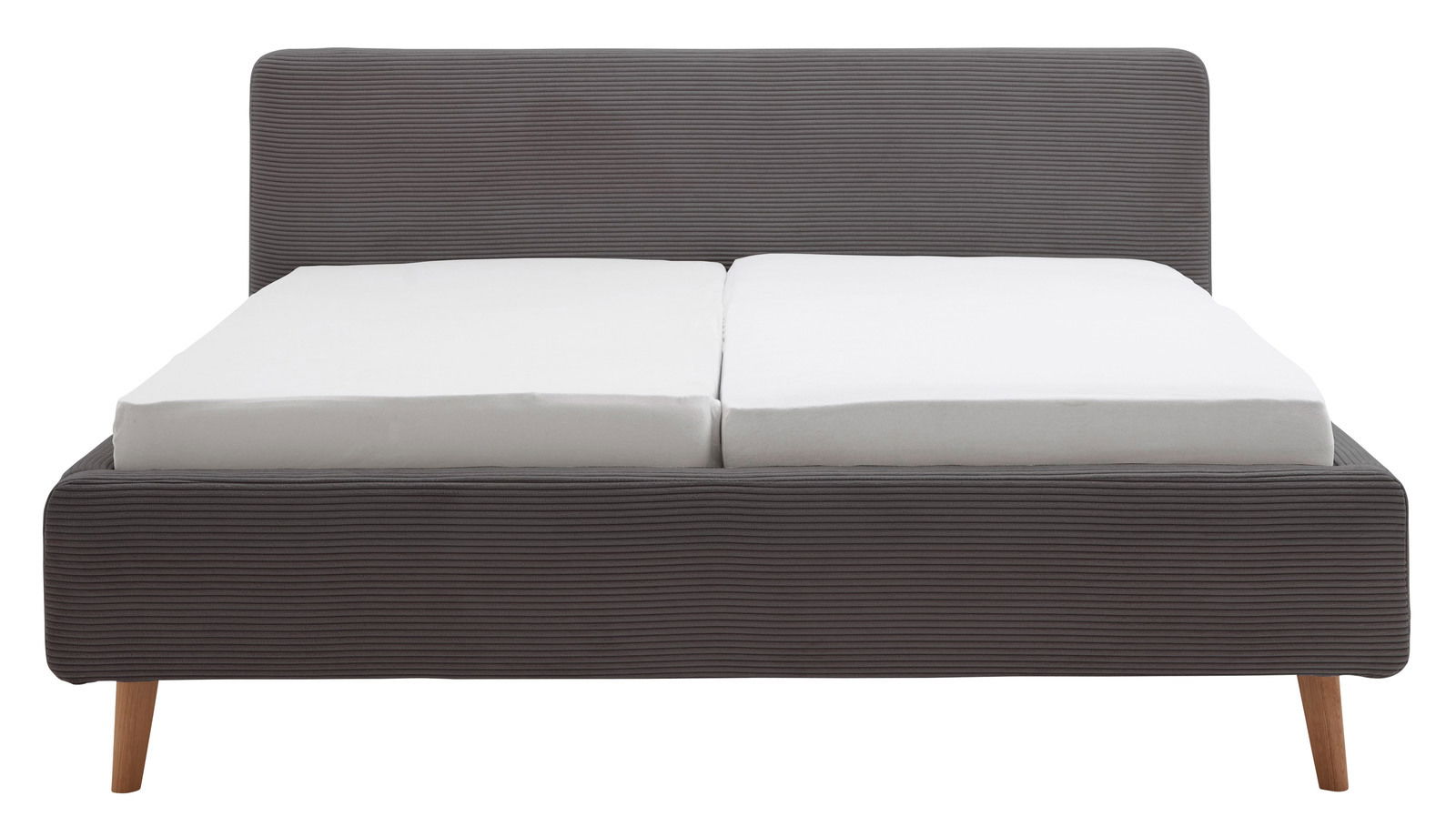 Frontale Ansicht eines grauen Polsterbetts mit Holzbeinen und zwei weißen Matratzen.