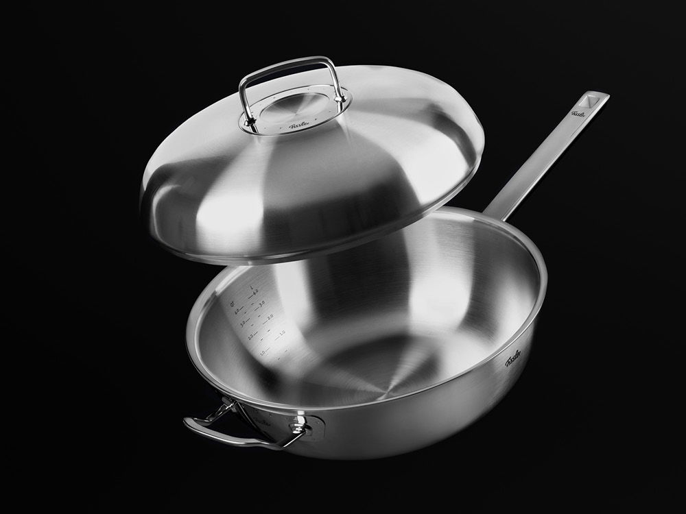 Eine Sauteuse aus poliertem Edelstahl mit Deckel