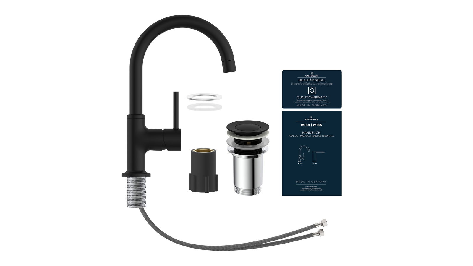 Schwarze Waschtischarmatur mit Zubehör, seitliche Ansicht