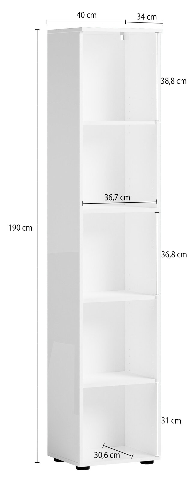 Hohes weißes Aktenregal mit vier Fächern, seitliche Perspektive, Maße: 190 cm hoch, 40 cm breit, 34 cm tief.