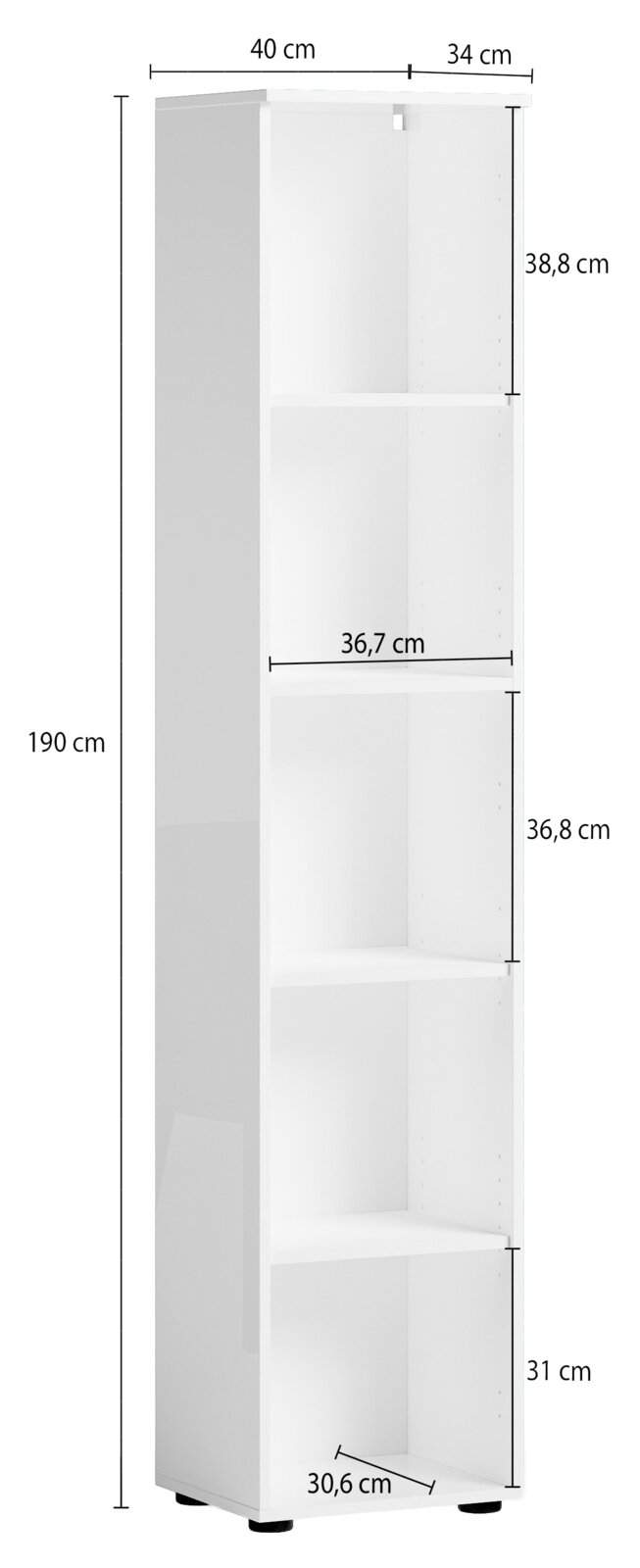 Hohes weißes Aktenregal mit vier Fächern, seitliche Perspektive, Maße: 190 cm hoch, 40 cm breit, 34 cm tief.