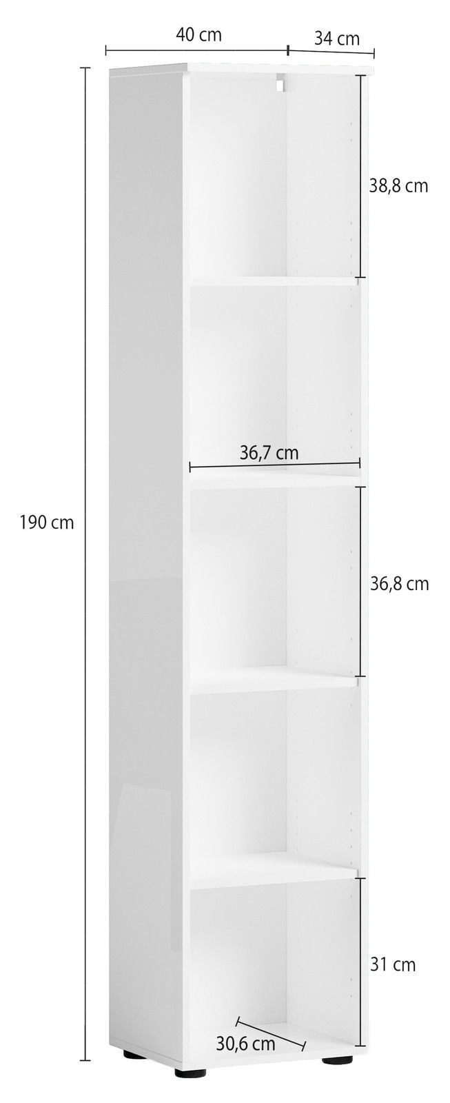 Hohes weißes Aktenregal mit vier Fächern, seitliche Perspektive, Maße: 190 cm hoch, 40 cm breit, 34 cm tief.