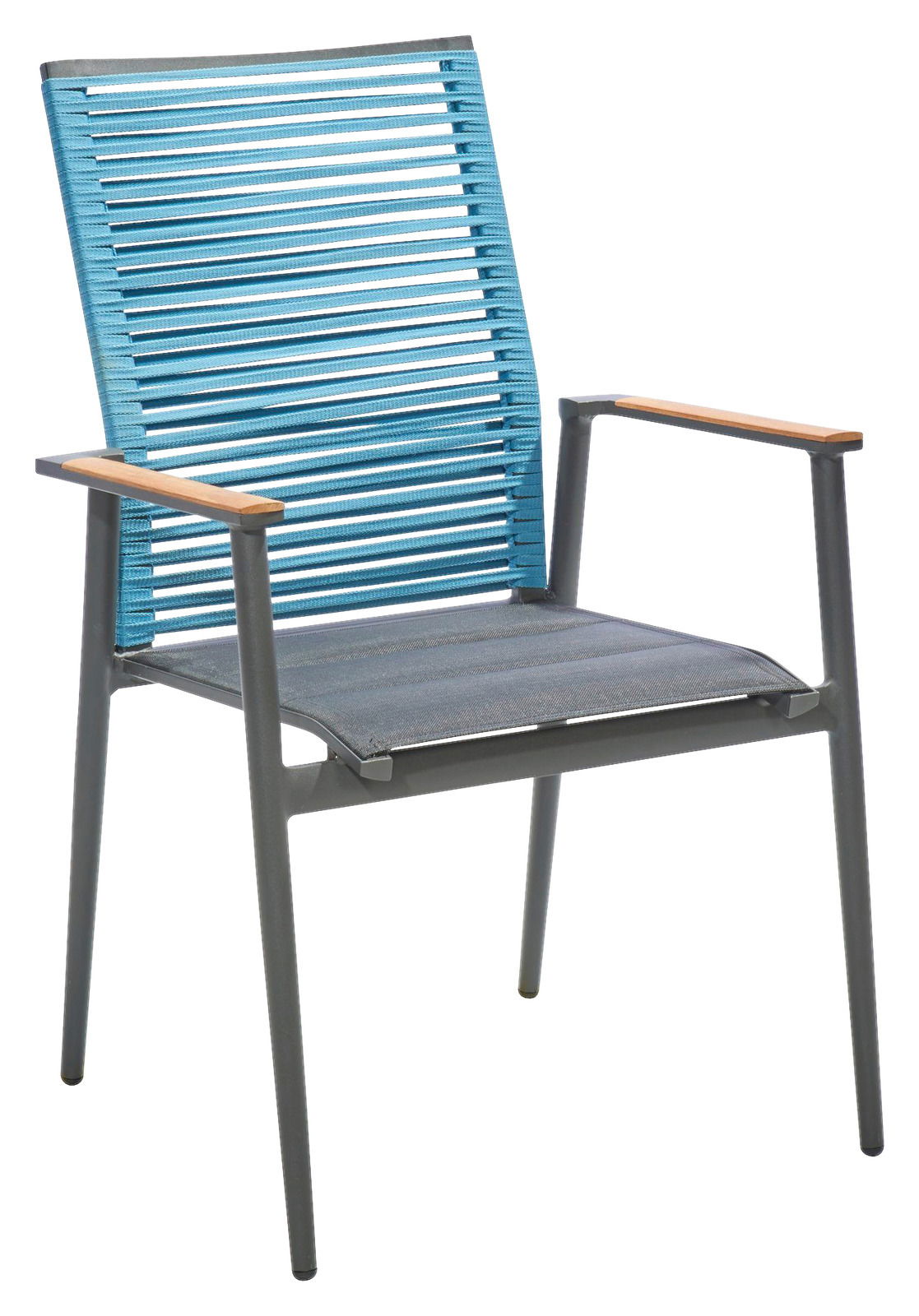 Moderner Sessel mit blauen Seilrückenlehne und grauem Gestell, seitliche Perspektive