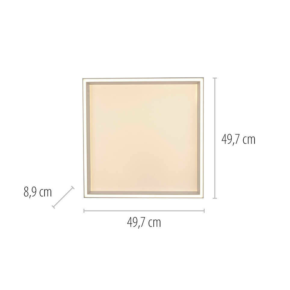 Quadratische Deckenleuchte Q-MAGONG in der Frontalansicht mit den Maßen 49,7 cm x 49,7 cm x 8,9 cm.