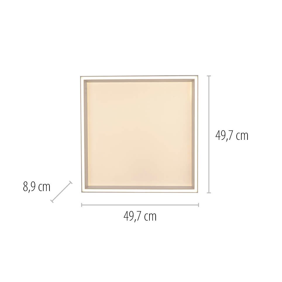 Vierkante plafondlamp Q-MAGONG in vooraanzicht, met afmetingen 49,7 cm x 49,7 cm x 8,9 cm.
