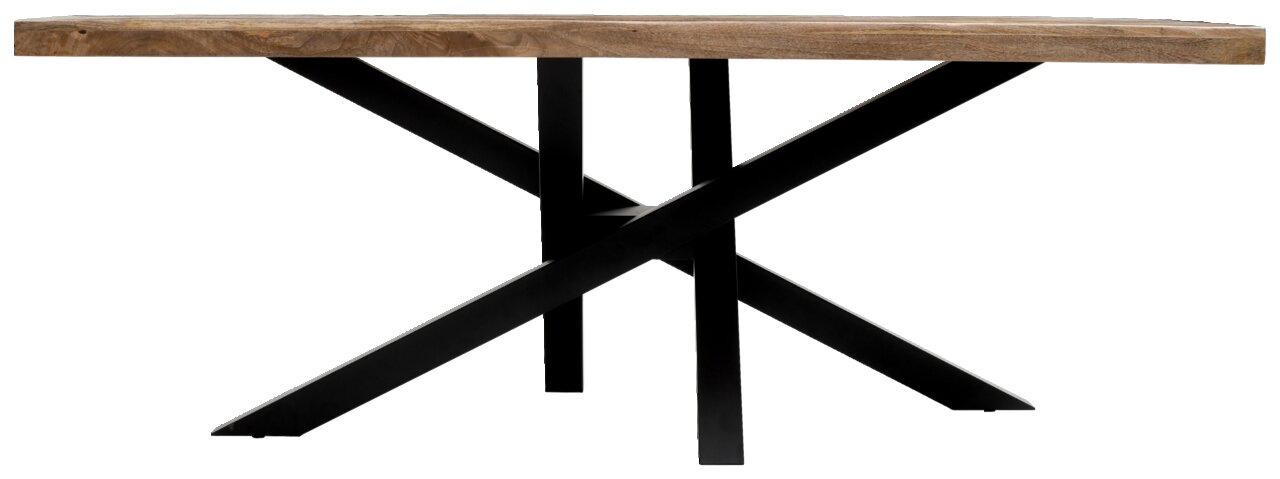 Moderner Esstisch mit Holzplatte und schwarzem Metallgestell, seitliche Perspektive