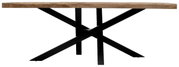 Moderner Esstisch mit Holzplatte und schwarzem Metallgestell, seitliche Perspektive