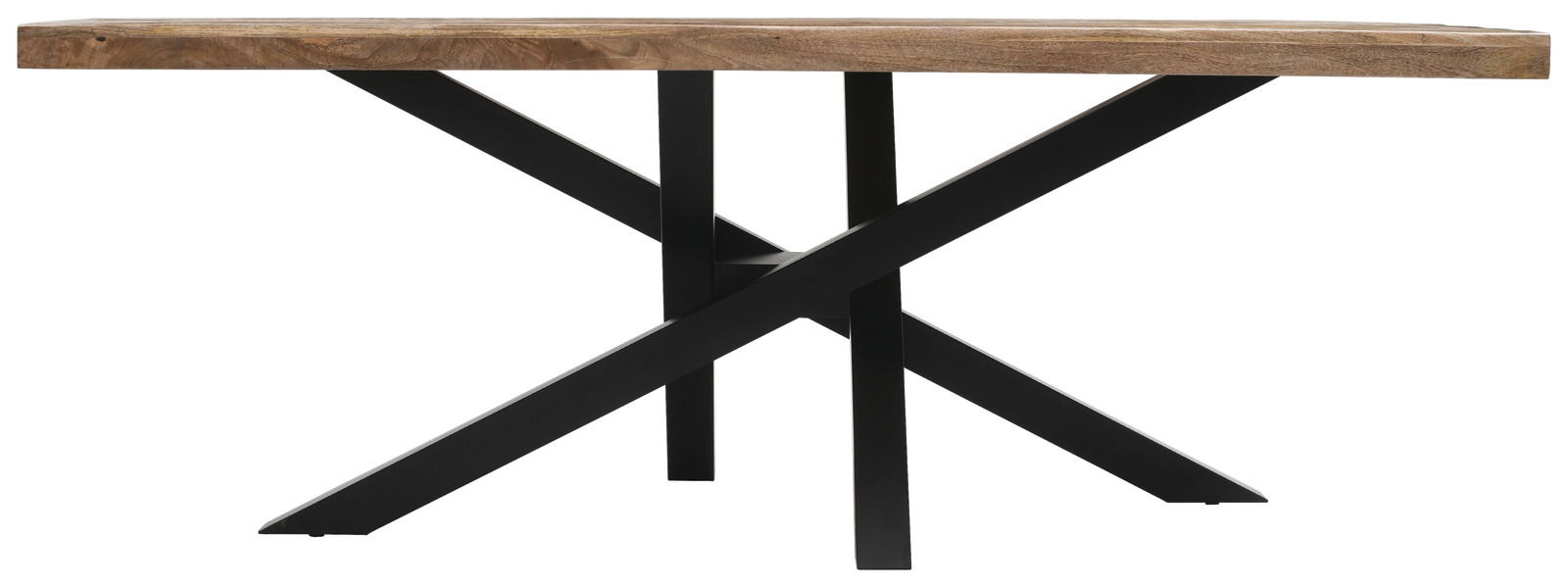 Moderner Esstisch mit Holzplatte und schwarzem Metallgestell, seitliche Perspektive