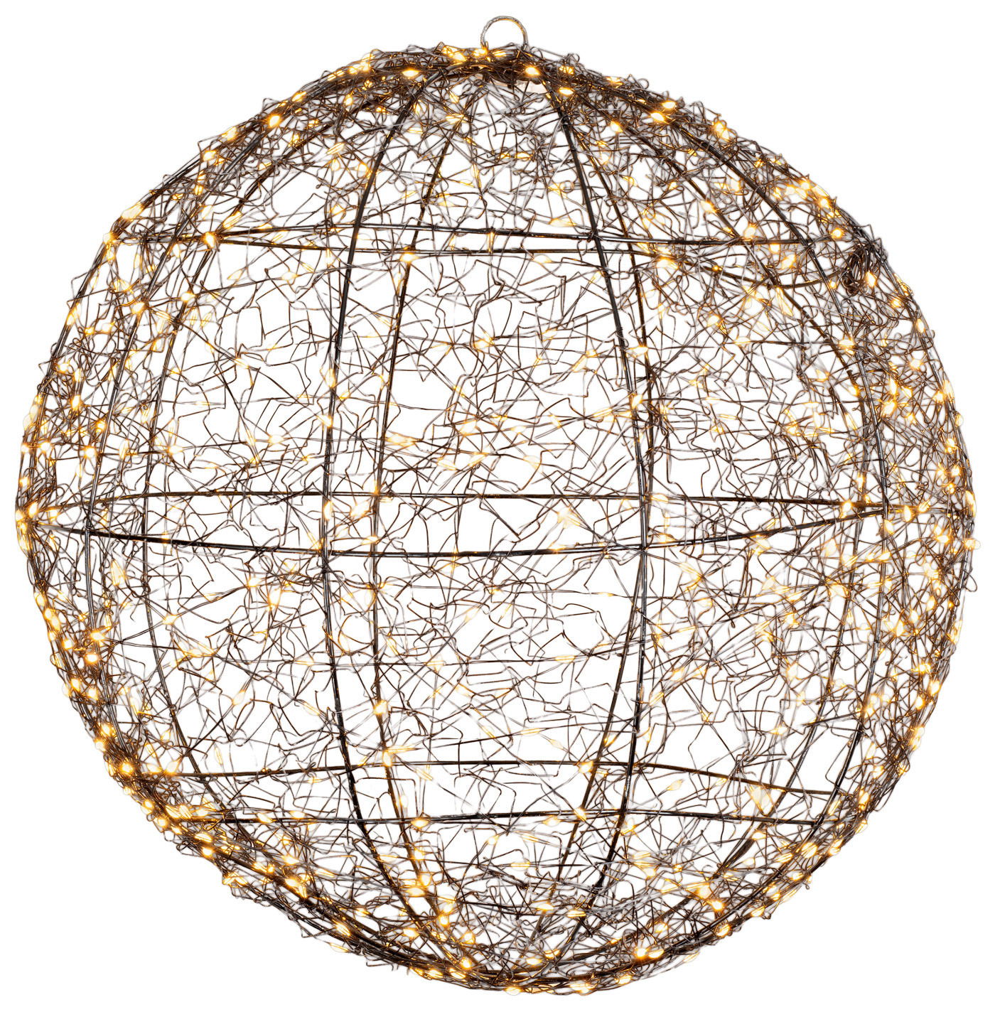 Lumineo LED-Kugel 38cm mit 600 LEDs Kugel aus schwarzem Draht mit warmweißen Micro-LEDs, seitliche Perspektive