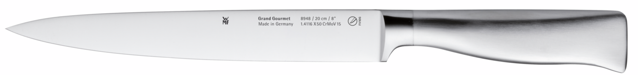 Seitenansicht eines hochwertigen Küchenmessers aus Edelstahl, Teil des Messerblocks Grand Gourmet.