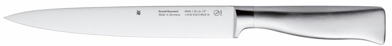 Seitenansicht eines hochwertigen Küchenmessers aus Edelstahl, Teil des Messerblocks Grand Gourmet.