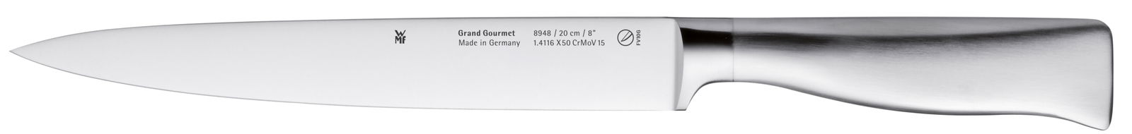 Seitenansicht eines hochwertigen Küchenmessers aus Edelstahl, Teil des Messerblocks Grand Gourmet.