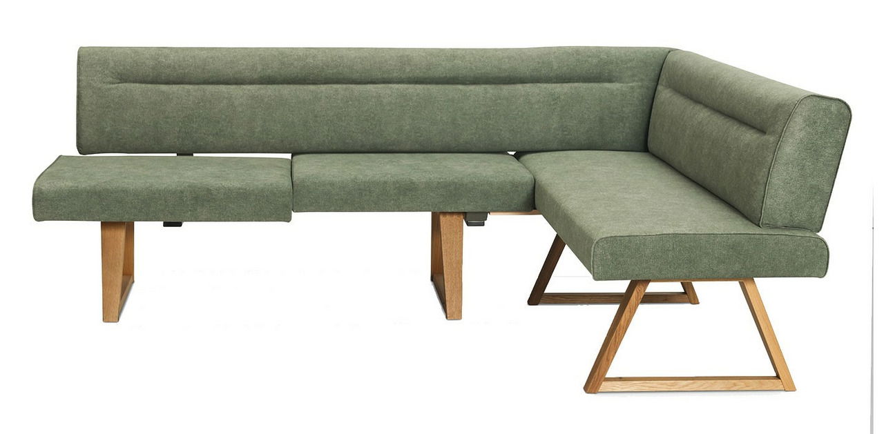 Grüne Eckbank mit Holzbeinen, seitliche Perspektive
