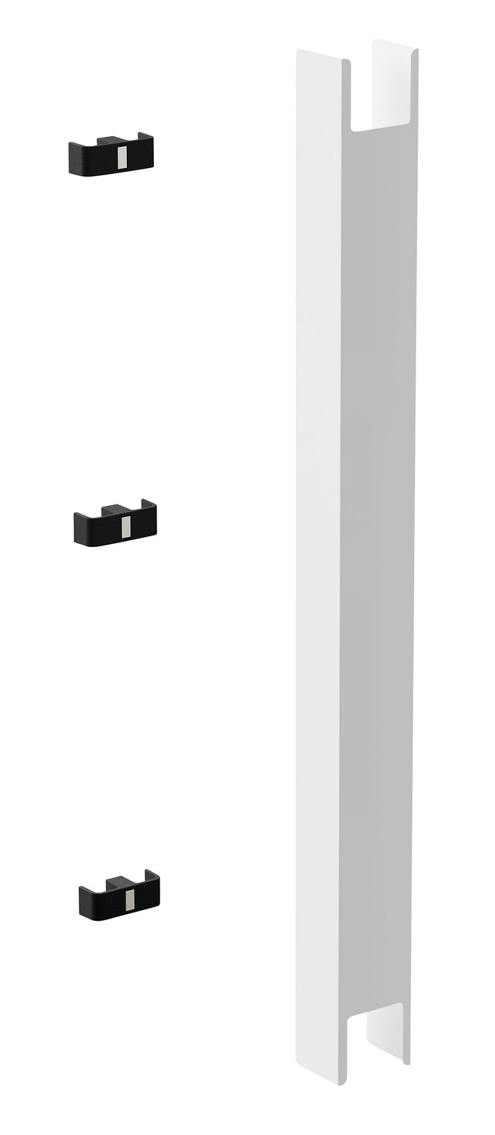 Aeris Kabelmanagement ACTIVE OFFICE DESK Kabelmanagement-Set bestehend aus einer weißen vertikalen Halterung und drei schwarzen Clips, seitliche Perspektive