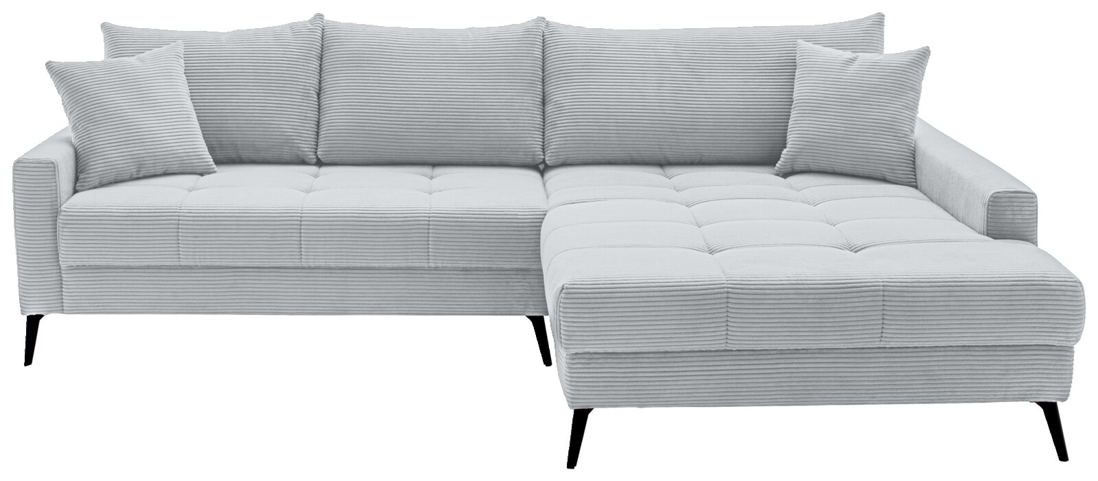 Graues Ecksofa mit Rillenstruktur, rechteckige Form, zwei Kissen, Perspektive von vorne