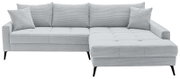 Graues Ecksofa mit Rillenstruktur, rechteckige Form, zwei Kissen, Perspektive von vorne