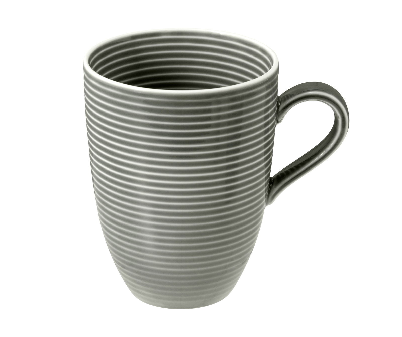 Grauer Kaffeebecher mit Henkel, 0,35l, mit horizontalen Streifen, seitliche Perspektive