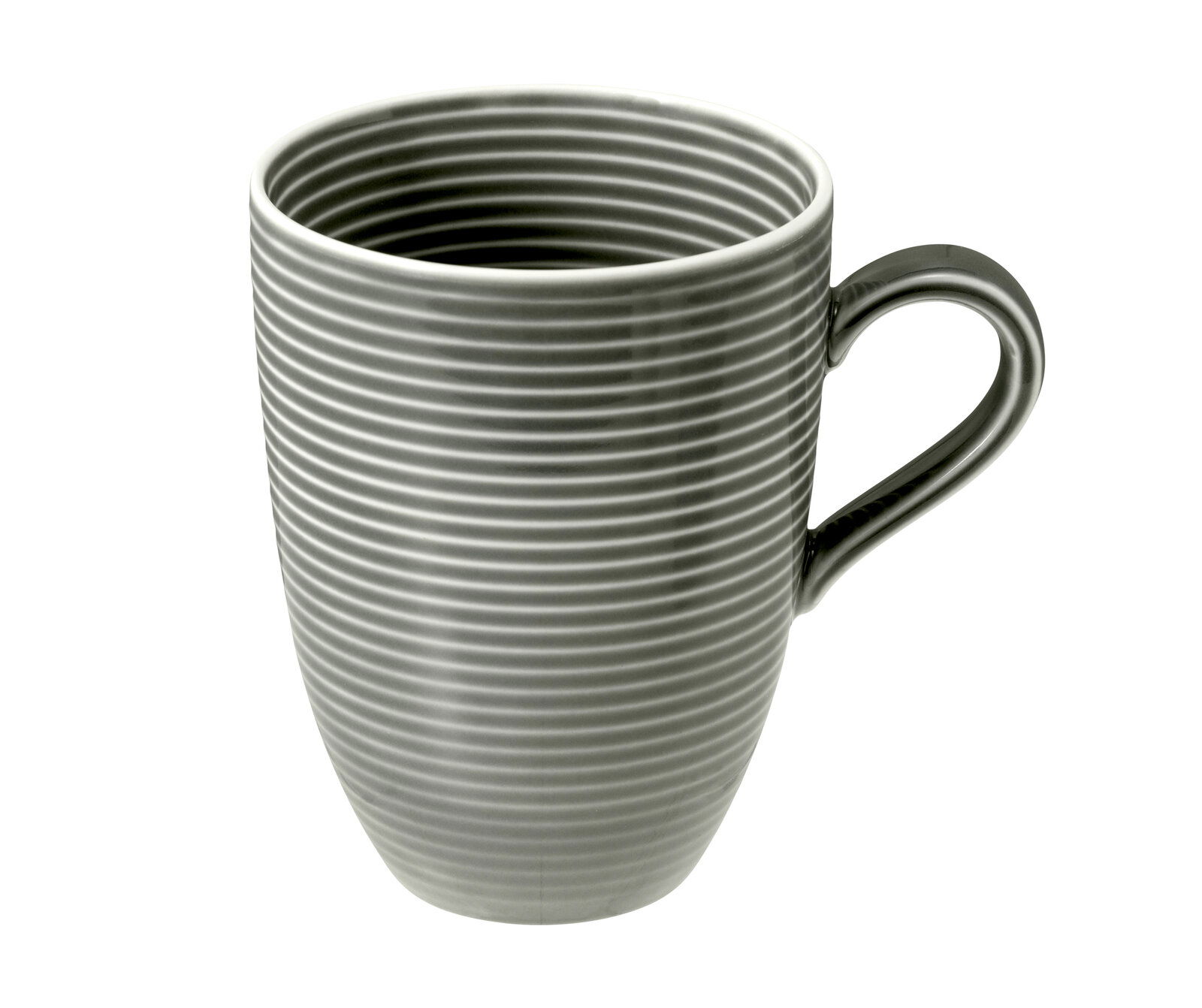 Grauer Kaffeebecher mit Henkel, 0,35l, mit horizontalen Streifen, seitliche Perspektive