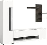 Moderne Wohnwand in Weiß mit hohem Schrank, TV-Board und dunklem Wandregal, seitliche Perspektive.