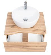 Waschtisch-Set aus Holz mit rundem weißen Waschbecken und geöffneter Schublade, Ansicht von oben