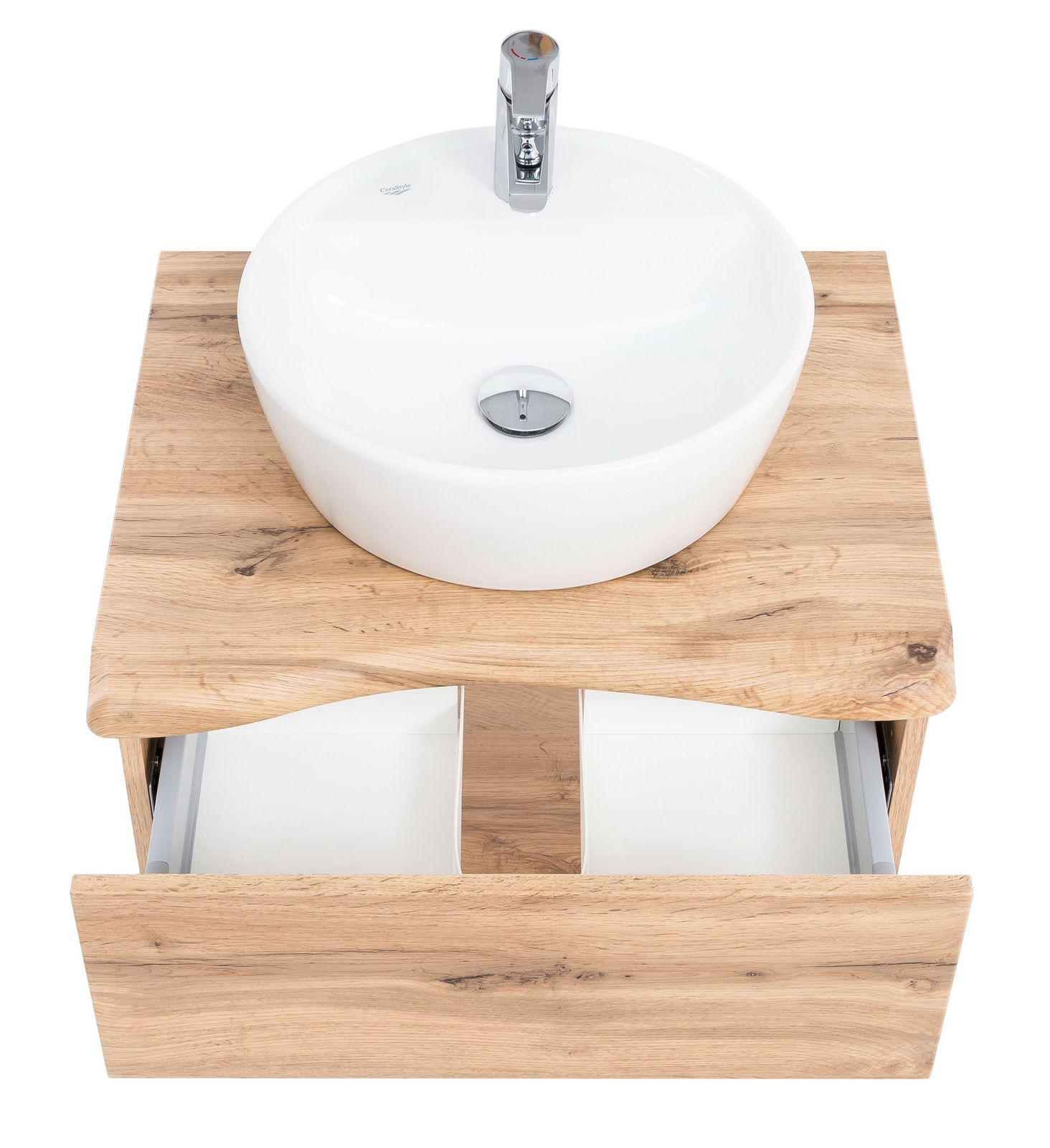 Waschtisch-Set aus Holz mit rundem weißen Waschbecken und geöffneter Schublade, Ansicht von oben