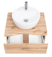 Waschtisch-Set aus Holz mit rundem weißen Waschbecken und geöffneter Schublade, Ansicht von oben