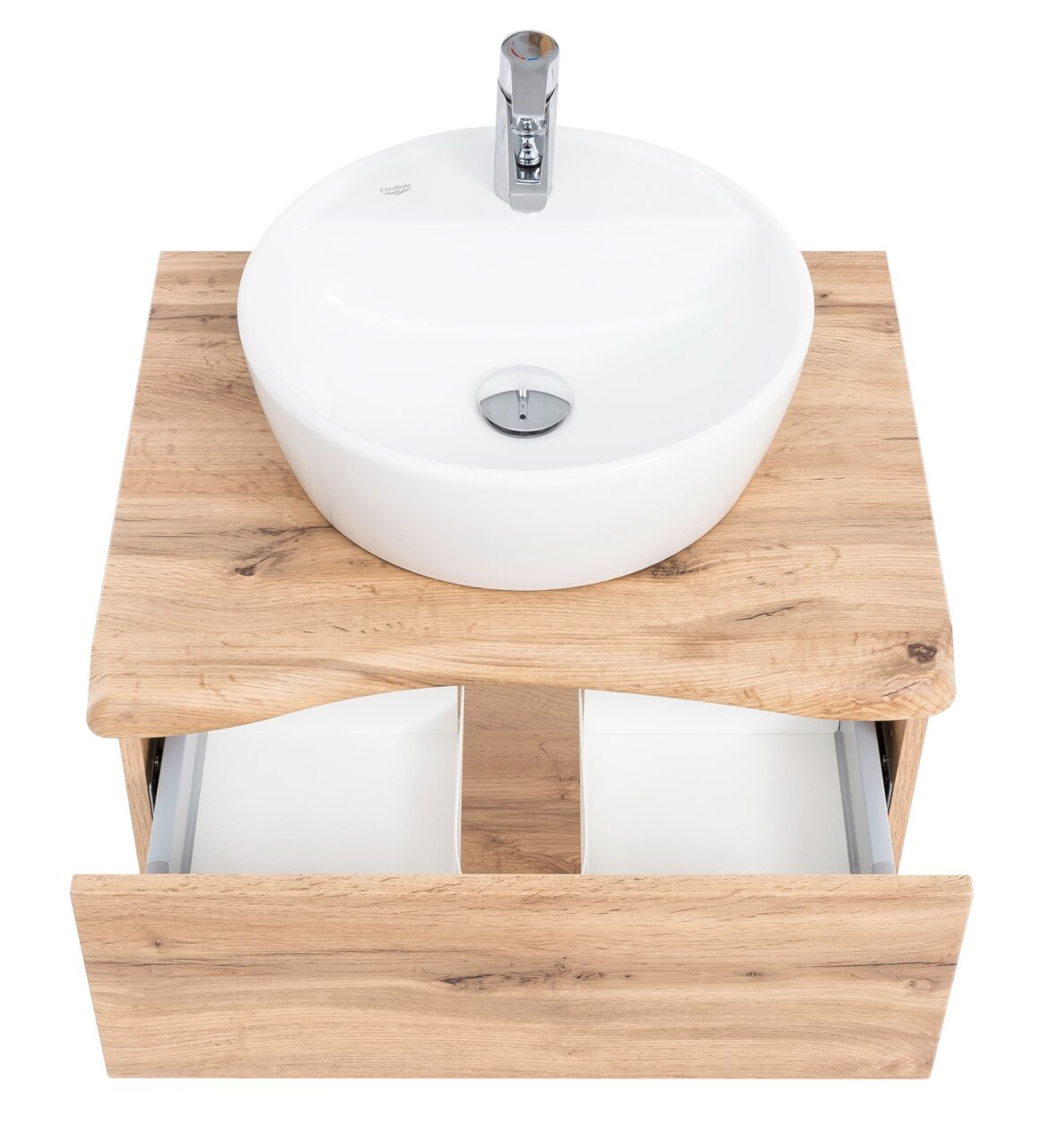Houten wastafelmeubel met ronde witte wasbak en open lade, gezien van bovenaf