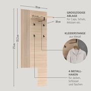 Wandgarderobe aus hellem Holz mit Lamellen-Optik, Ablage und Metall-Kleiderstange sowie 4 Metallhaken, mit Maßangaben (ca. 175 cm hoch, 70 cm breit, 30 cm tief), dargestellt in schräger Frontansicht.