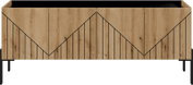 Frontansicht eines modernen TV-Lowboards aus Holz mit geometrischem Muster und schwarzen Metallbeinen.