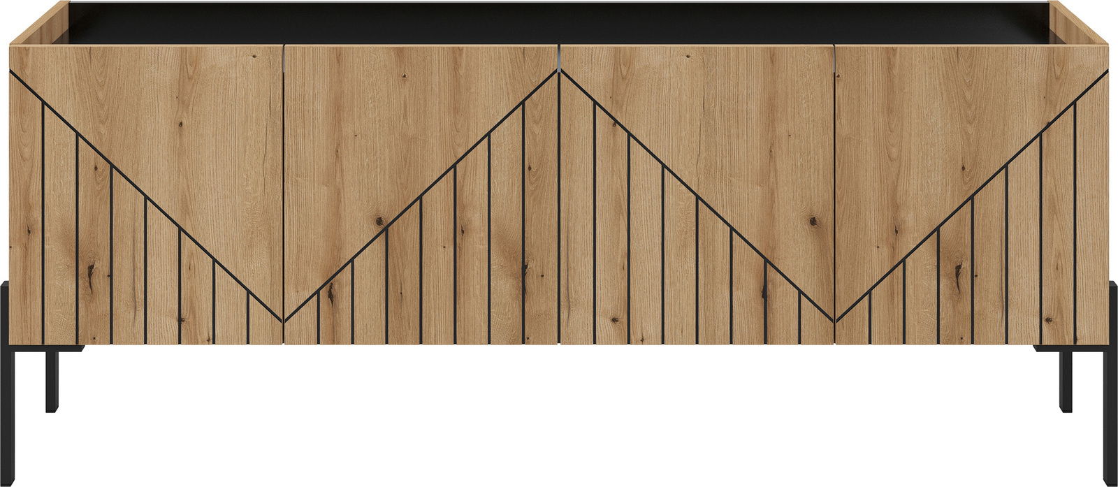 Frontansicht eines modernen TV-Lowboards aus Holz mit geometrischem Muster und schwarzen Metallbeinen.