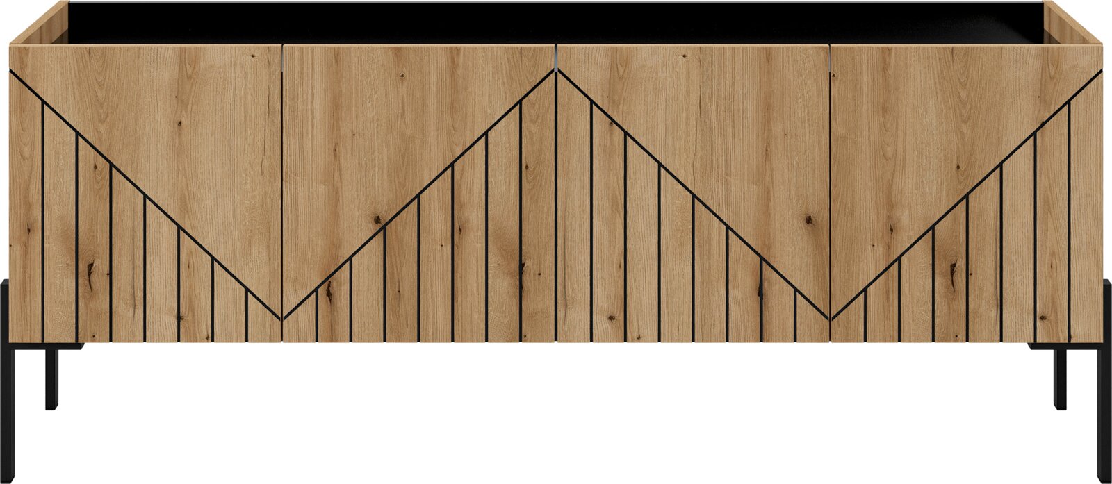 Frontansicht eines modernen TV-Lowboards aus Holz mit geometrischem Muster und schwarzen Metallbeinen.