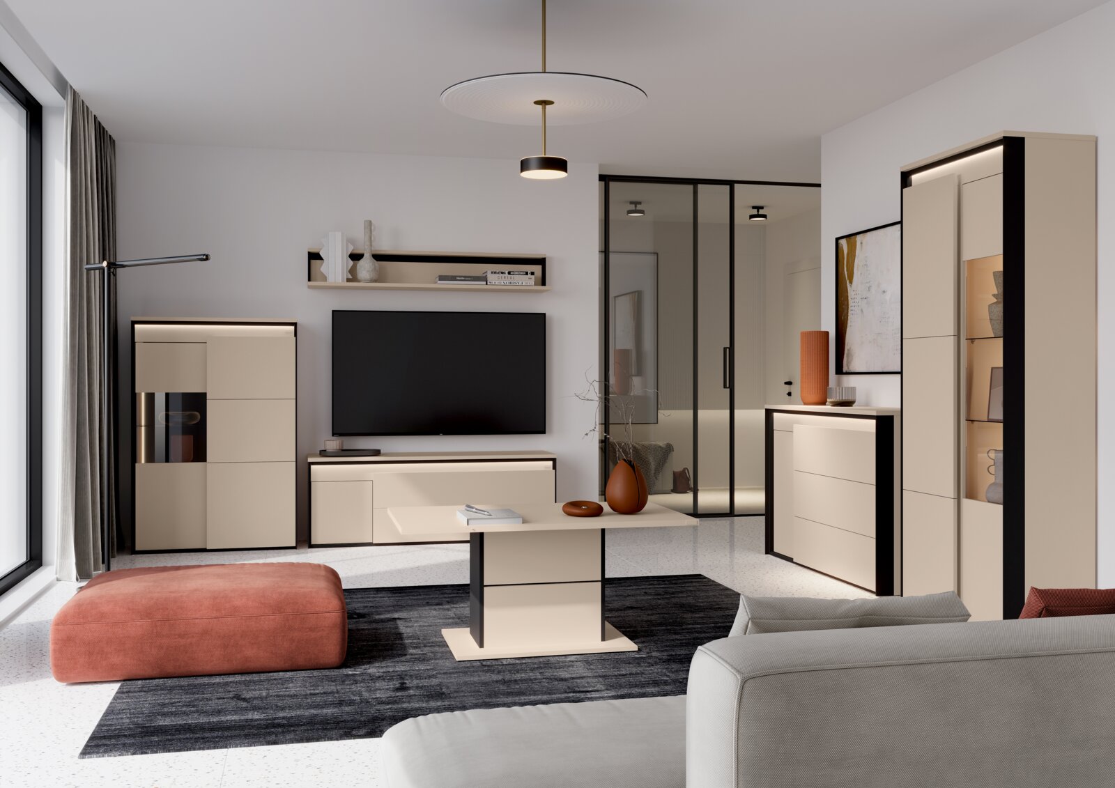 Moderne woonkamer met beige en zwarte kastenset, tv-meubel, vitrinekast, dressoir en hoge kast met geïntegreerde verlichting; perspectief: frontaal met lichte hoek van linksvoor