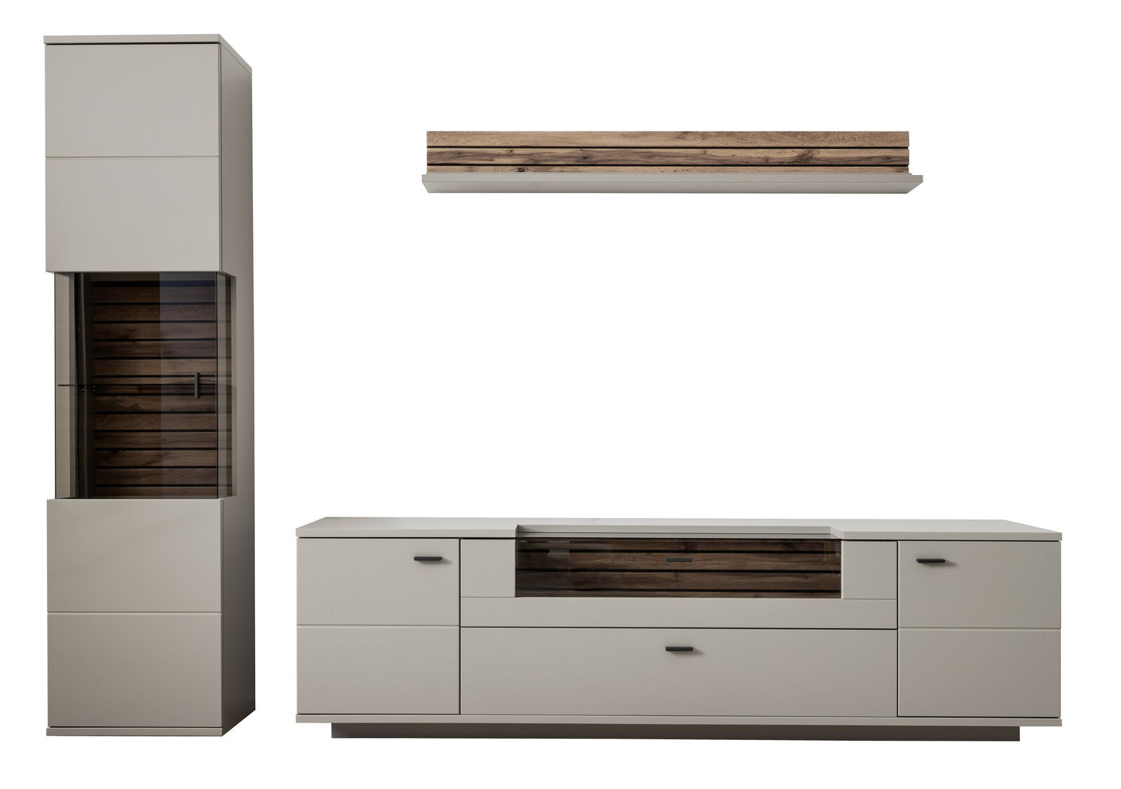 Zurbrüggen Wandkombination LÜTTICH Moderne Wandkombination LÜTTICH in neutralen Farben mit Holz- und Glaselementen, bestehend aus einem hohen Schrank, einem TV-Board und einem Wandregal, frontal abgebildet.