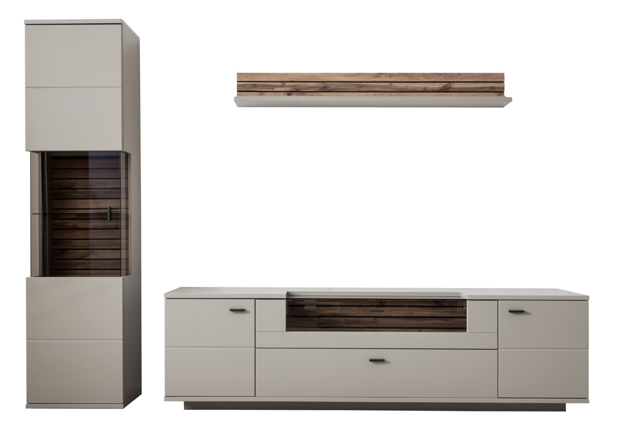 Moderne Wandkombination LÜTTICH in neutralen Farben mit Holz- und Glaselementen, bestehend aus einem hohen Schrank, einem TV-Board und einem Wandregal, frontal abgebildet.