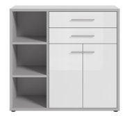 Moderner Aktenschrank mit zwei offenen Regalfächern links und drei Schubladen sowie zwei Türen rechts, Frontalansicht