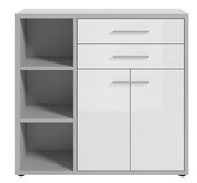 Moderner Aktenschrank mit zwei offenen Regalfächern links und drei Schubladen sowie zwei Türen rechts, Frontalansicht