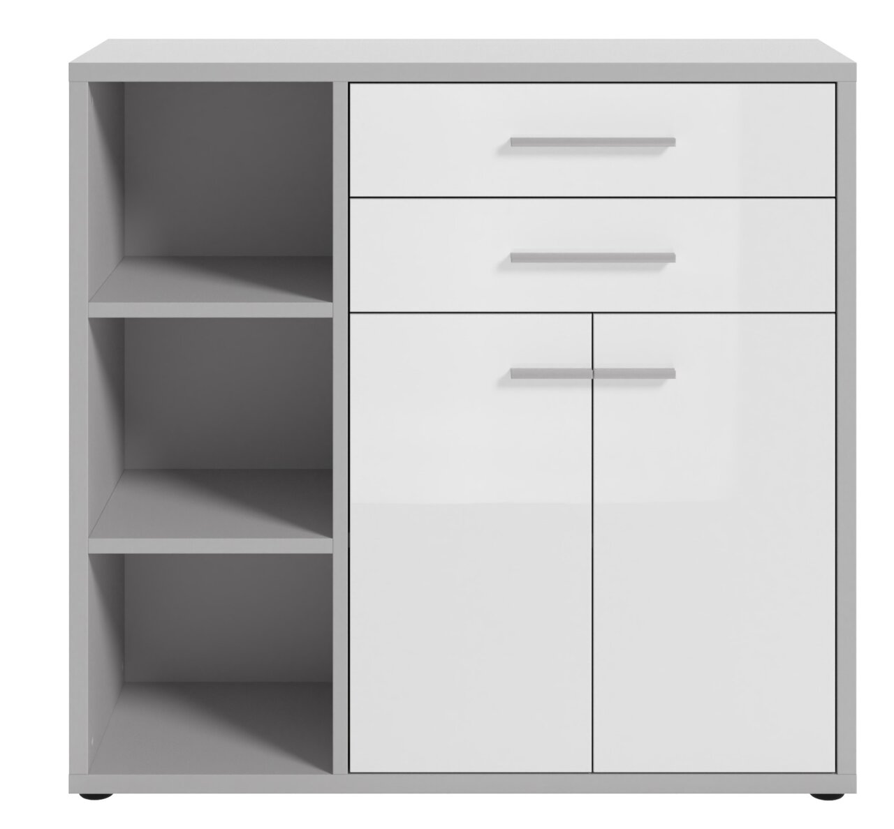 Moderner Aktenschrank mit zwei offenen Regalfächern links und drei Schubladen sowie zwei Türen rechts, Frontalansicht