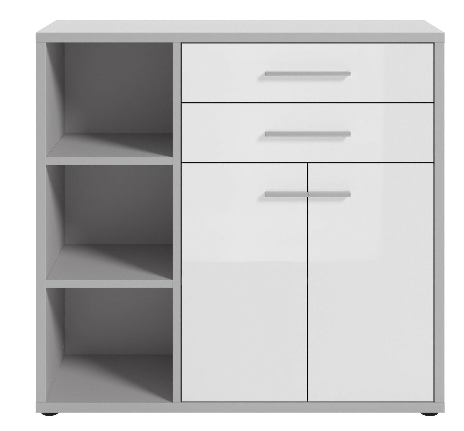 Moderner Aktenschrank mit zwei offenen Regalfächern links und drei Schubladen sowie zwei Türen rechts, Frontalansicht