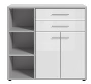 Moderner Aktenschrank mit zwei offenen Regalfächern links und drei Schubladen sowie zwei Türen rechts, Frontalansicht