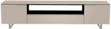 Frontansicht eines modernen XL TV-Lowboards in Beige mit zwei Türen und einem offenen Fach.