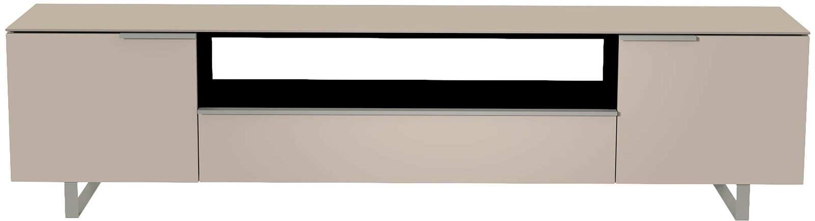 Moderano XL TV-Lowboard BORMIO Frontansicht eines modernen XL TV-Lowboards in Beige mit zwei Türen und einem offenen Fach.