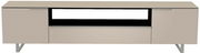 Frontansicht eines modernen XL TV-Lowboards in Beige mit zwei Türen und einem offenen Fach.