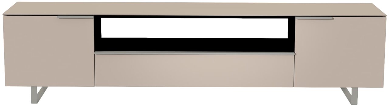 Frontansicht eines modernen XL TV-Lowboards in Beige mit zwei Türen und einem offenen Fach.