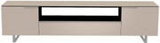 Vooraanzicht van een modern XL-tv-lowboard in beige met twee deuren en een open vak.