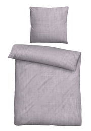 Bettwäsche-Set in Grau, bestehend aus einem Kissenbezug und einem Bettdeckenbezug, aus der Vogelperspektive fotografiert.