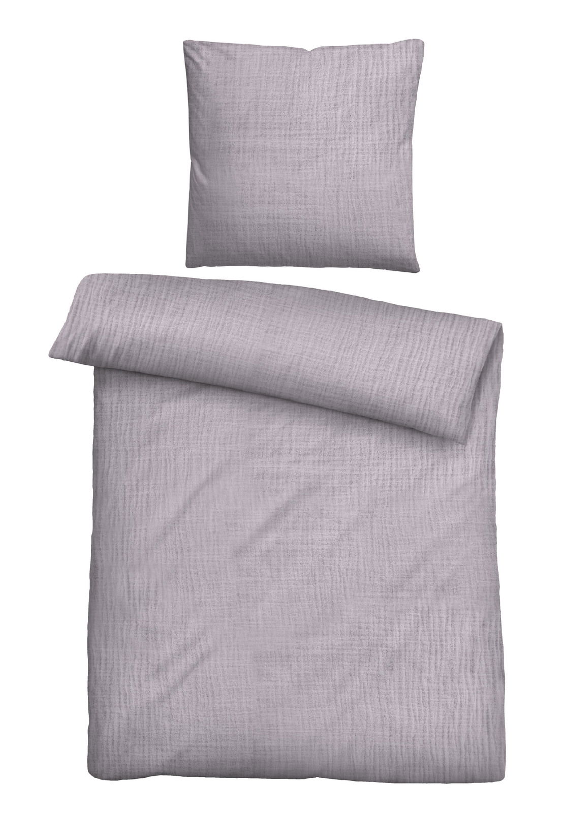 Bettwäsche-Set in Grau, bestehend aus einem Kissenbezug und einem Bettdeckenbezug, aus der Vogelperspektive fotografiert.