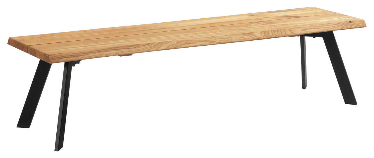 Holzbank mit Metallbeinen, seitliche Perspektive