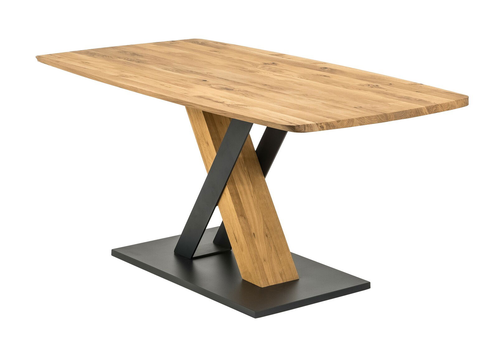 Moderner Esstisch aus Holz mit X-förmigem Metallgestell, seitliche Perspektive