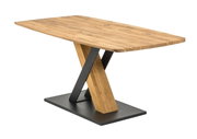 Moderner Esstisch aus Holz mit X-förmigem Metallgestell, seitliche Perspektive